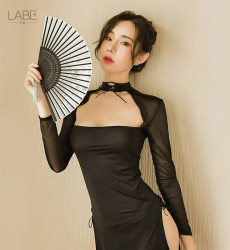 블랙 오리엔탈 슬릿 치파오